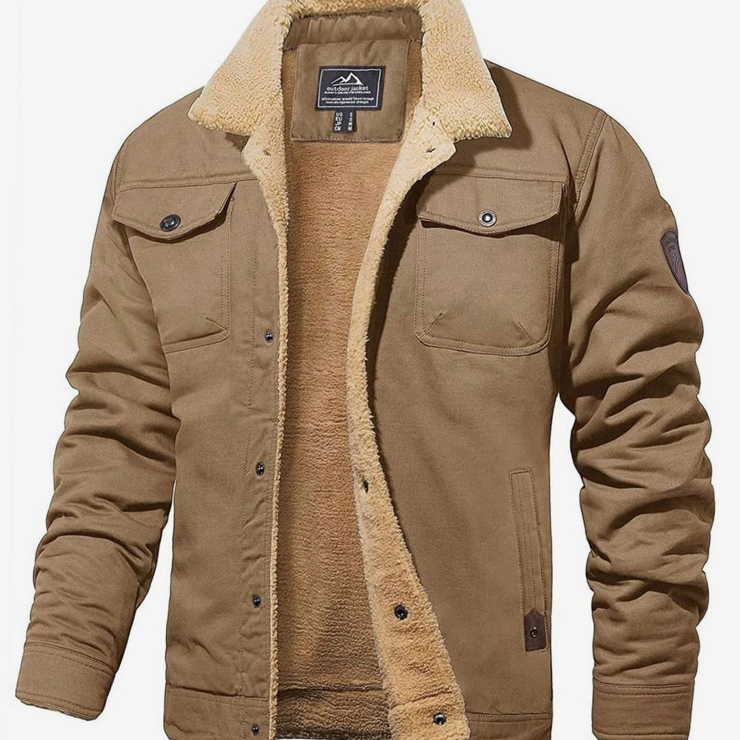 Men's Sherpa-Lined Fleece Winter Jacket Multi-Pocket - Khaki