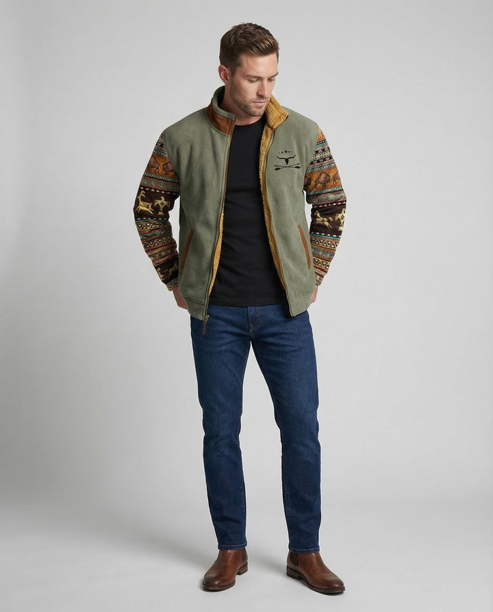 Men's Sherpa-Lined Fleece Zip-Up Jacket Southwestern Print Sleeves