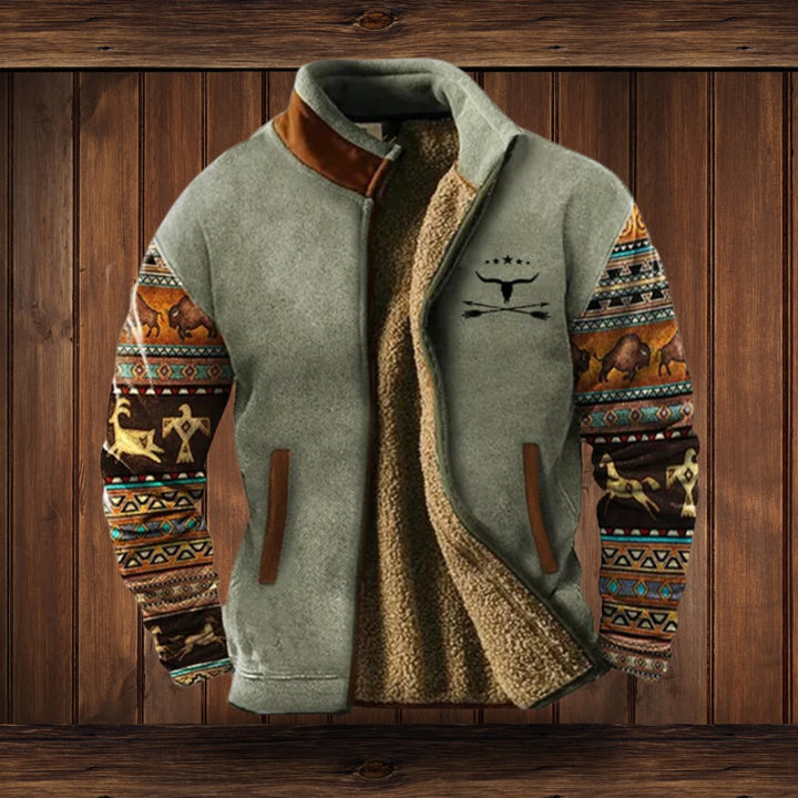 Men's Sherpa-Lined Fleece Zip-Up Jacket Southwestern Print Sleeves - Gray