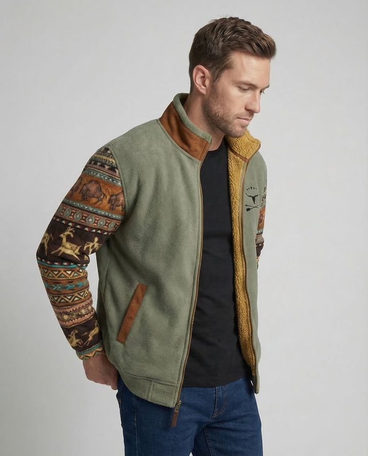 Men's Sherpa-Lined Fleece Zip-Up Jacket Southwestern Print Sleeves