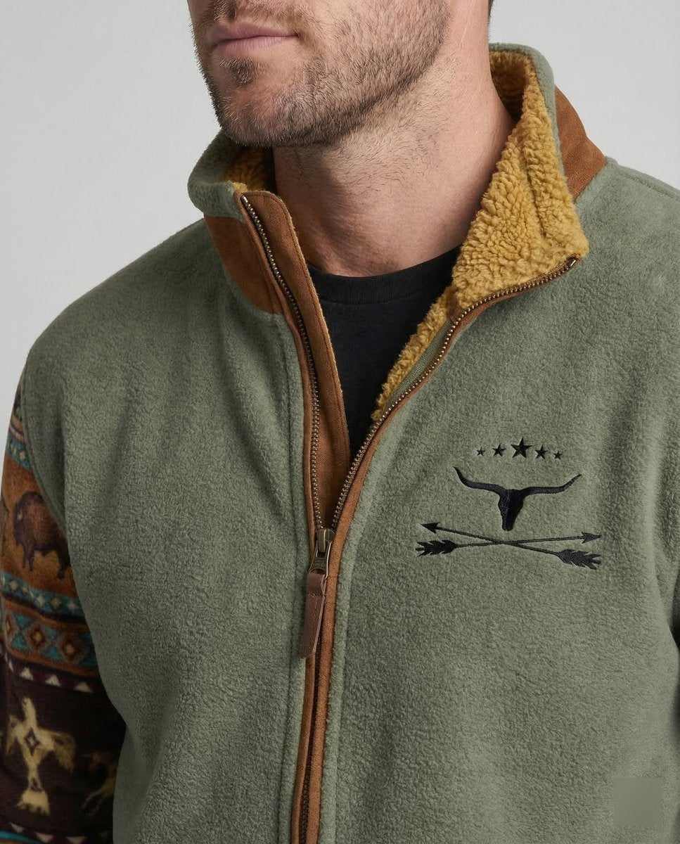 Men's Sherpa-Lined Fleece Zip-Up Jacket Southwestern Print Sleeves