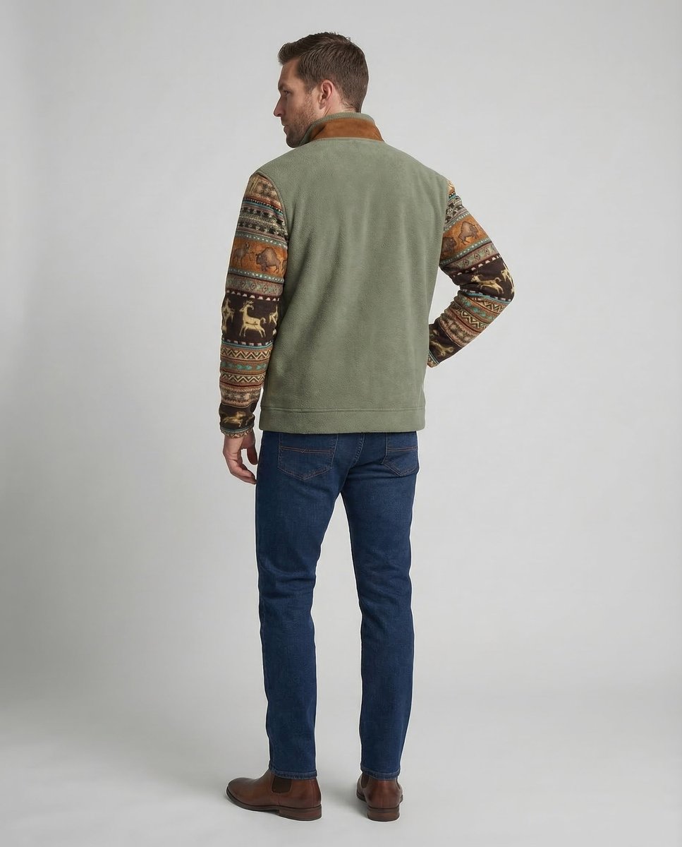 Men's Sherpa-Lined Fleece Zip-Up Jacket Southwestern Print Sleeves