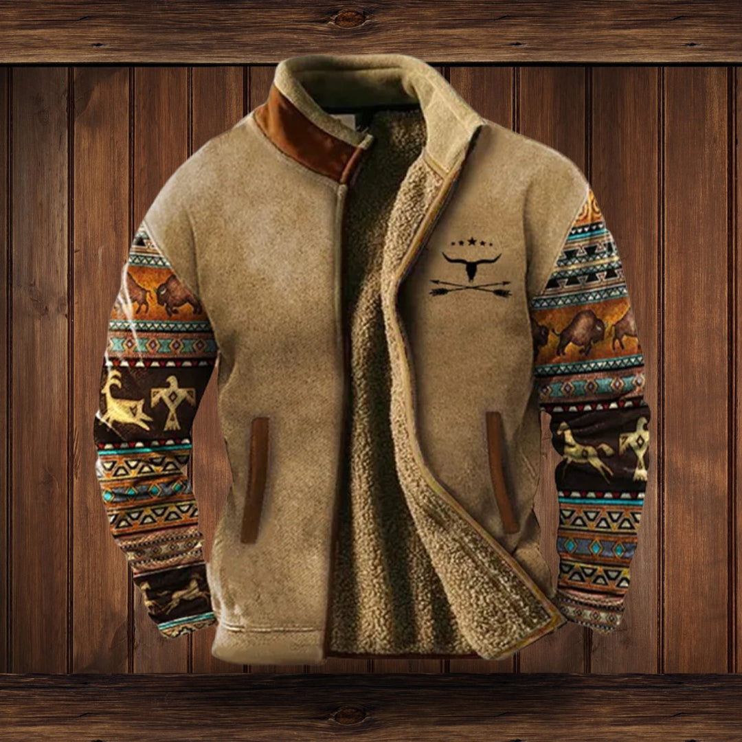 Men's Sherpa-Lined Fleece Zip-Up Jacket Southwestern Print Sleeves - Brown 2