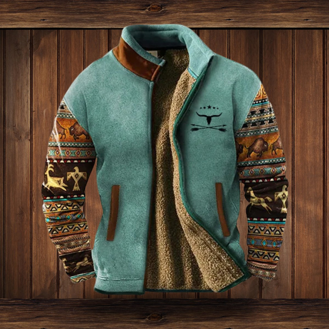 Men's Sherpa-Lined Fleece Zip-Up Jacket Southwestern Print Sleeves - Blue 2
