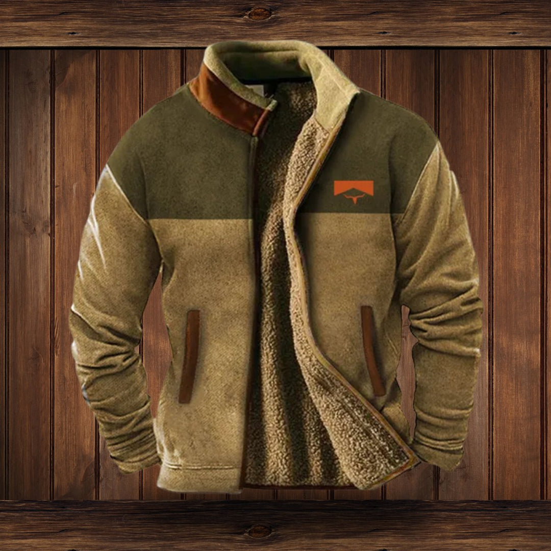 Men's Sherpa-Lined Fleece Zip-Up Jacket Southwestern Print Sleeves - Brown
