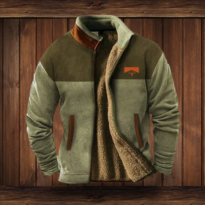 Men's Sherpa-Lined Fleece Zip-Up Jacket Southwestern Print Sleeves - Green