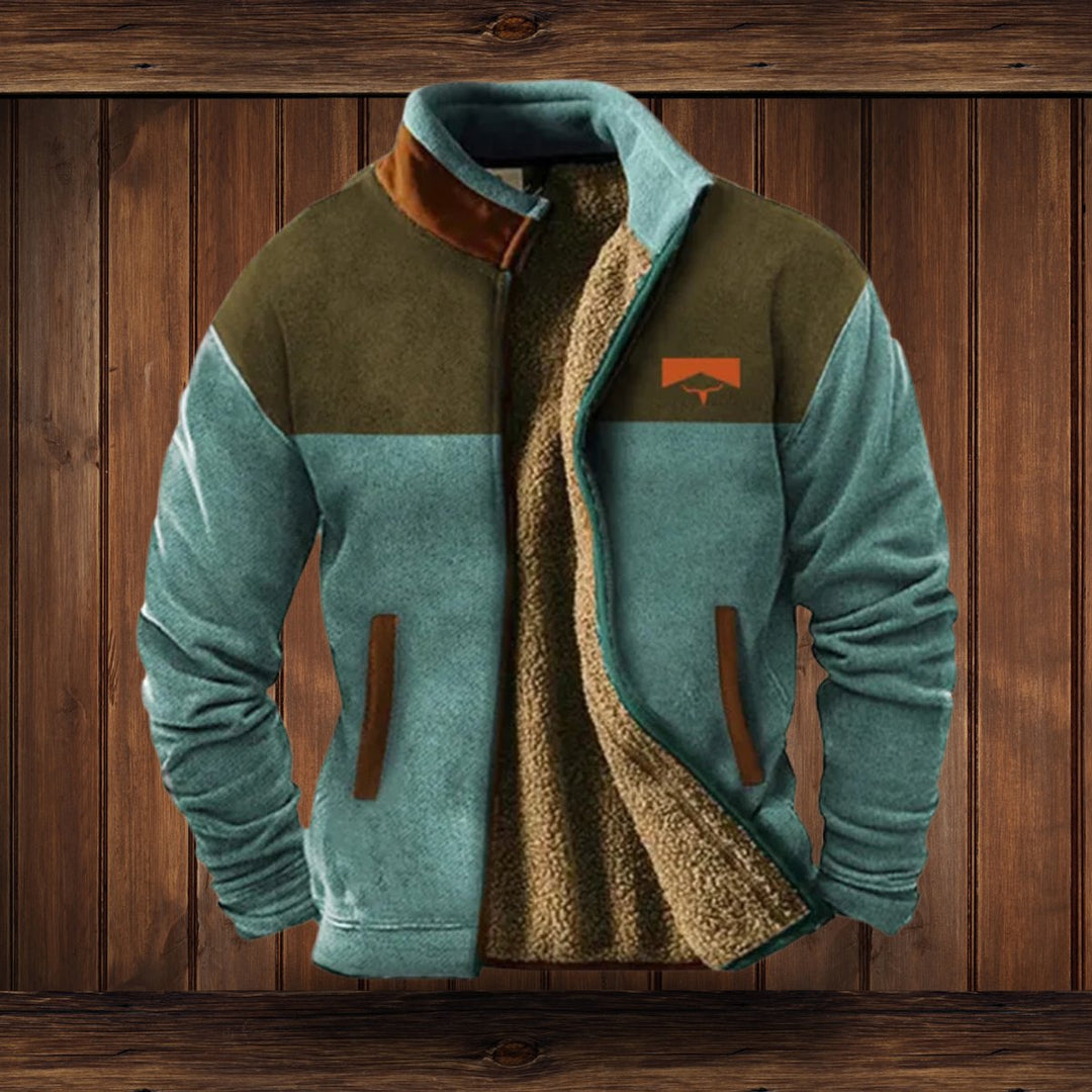 Men's Sherpa-Lined Fleece Zip-Up Jacket Southwestern Print Sleeves - Blue