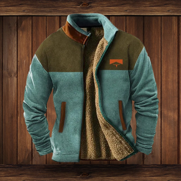 Men's Sherpa-Lined Fleece Zip-Up Jacket Southwestern Print Sleeves - Blue
