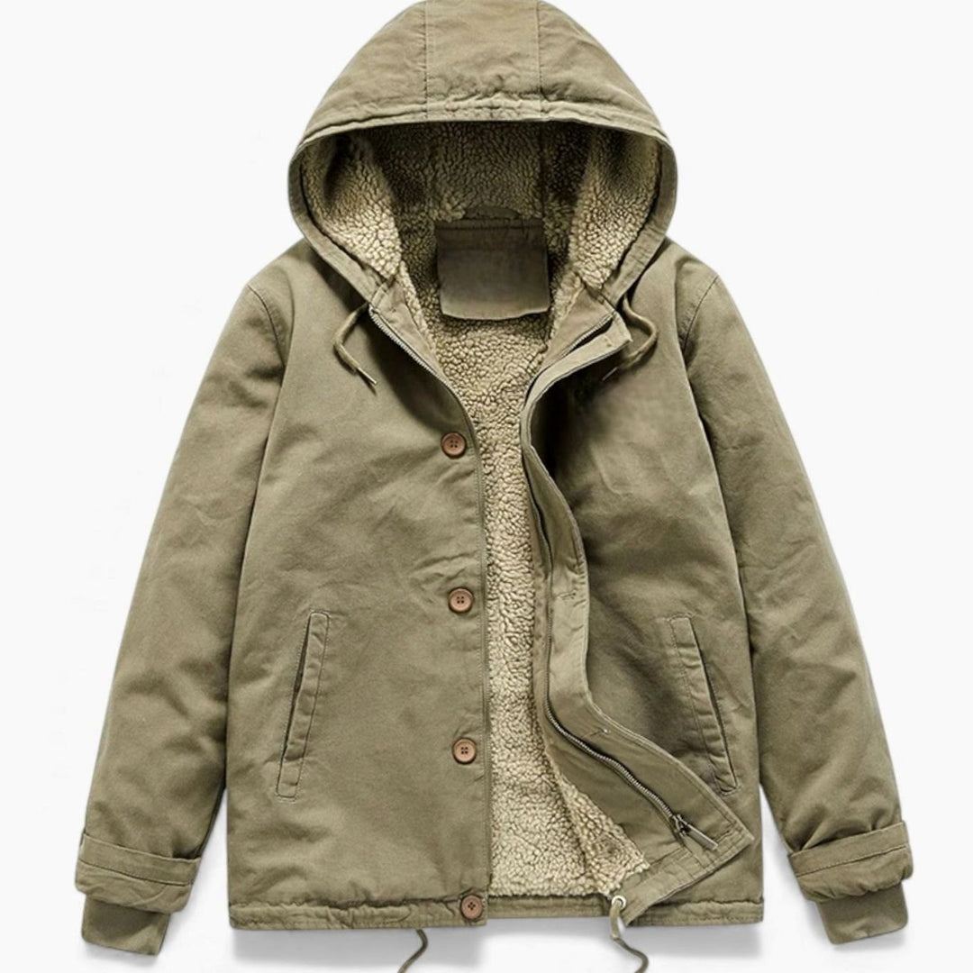 Men's Sherpa-Lined Hooded Button-Front Winter Coat - Khaki