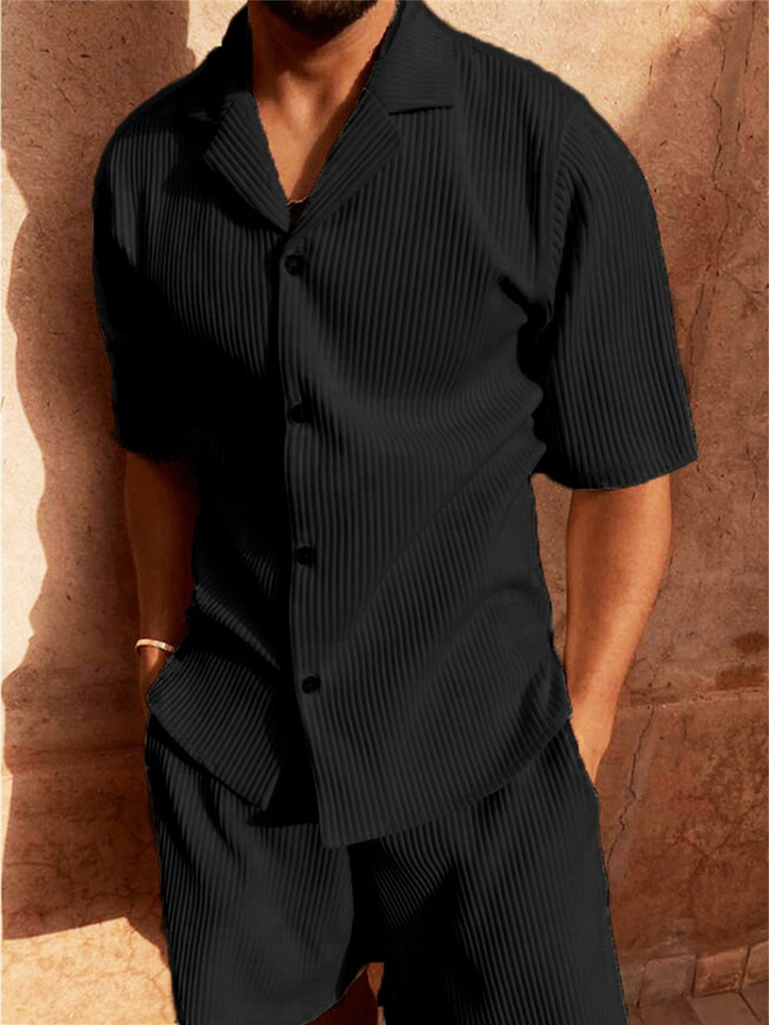 Ethan | Men's Ribbed Button Up Shirt Shorts Set