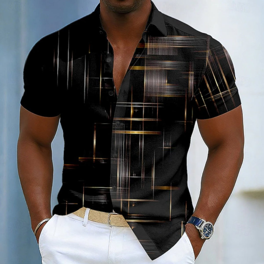 Men's Short Sleeve Geometric Print Button-Up Casual Shirt - Black