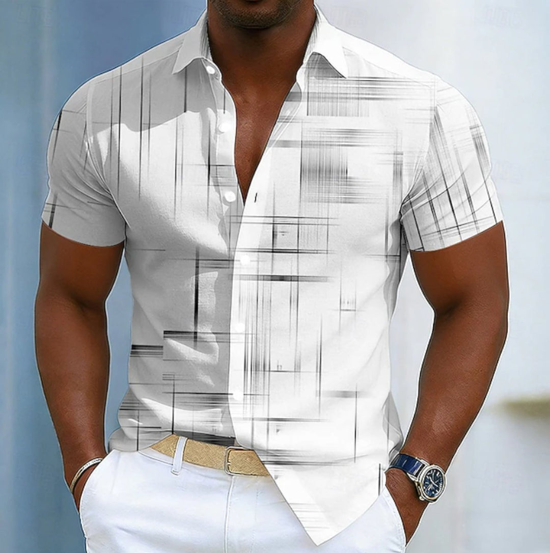 Men's Short Sleeve Geometric Print Button-Up Casual Shirt - White