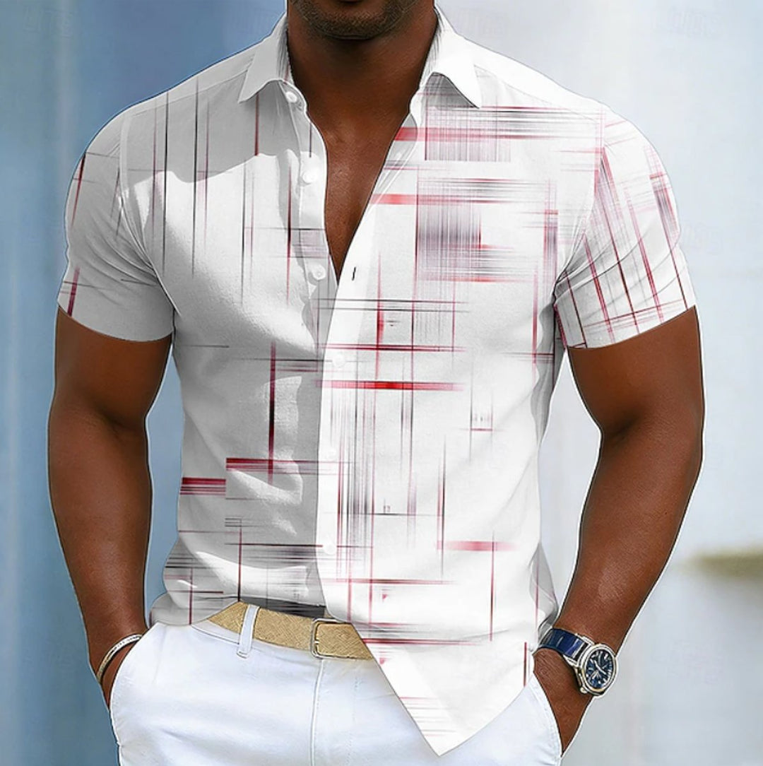 Men's Short Sleeve Geometric Print Button-Up Casual Shirt - Red