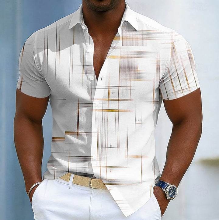 Men's Short Sleeve Geometric Print Button-Up Casual Shirt - Khaki