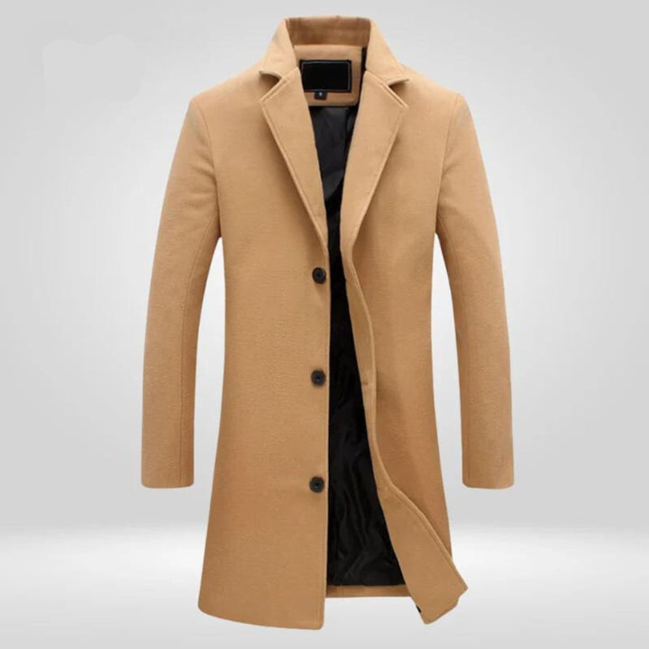 Men's Single-Breasted Slim-Fit Wool Coat Long Overcoat - Beige