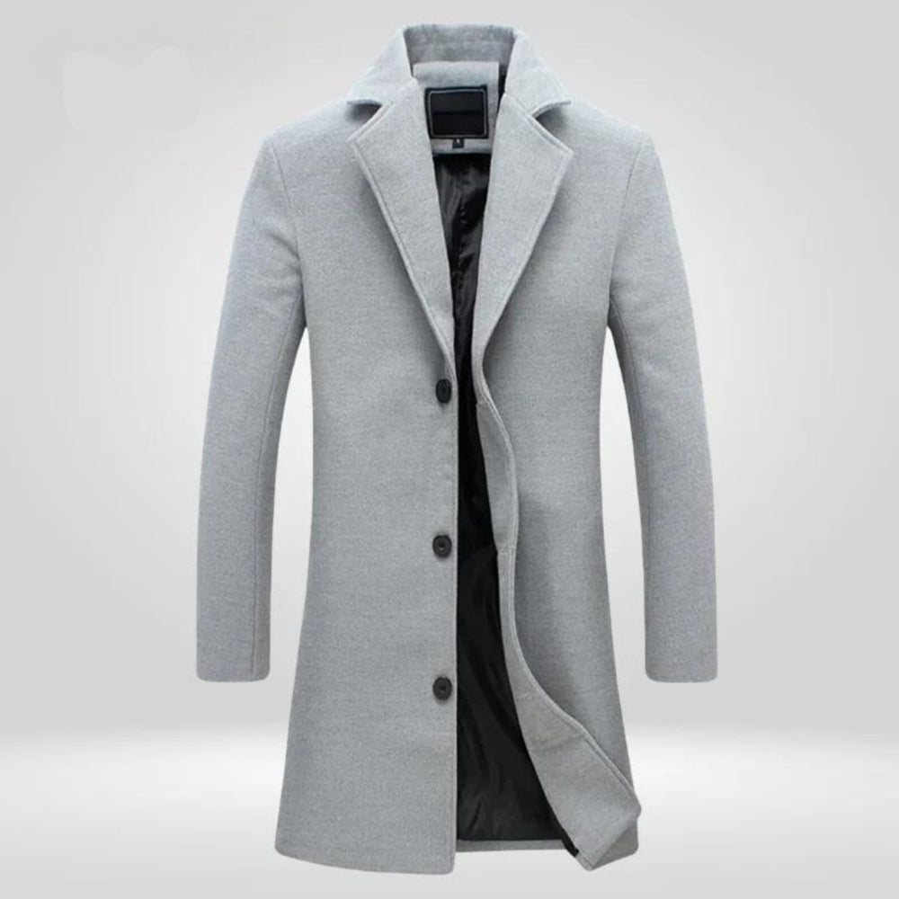 Men's Single-Breasted Slim-Fit Wool Coat Long Overcoat - Gray