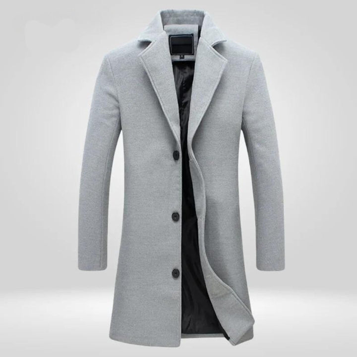 Men's Single-Breasted Slim-Fit Wool Coat Long Overcoat - Gray