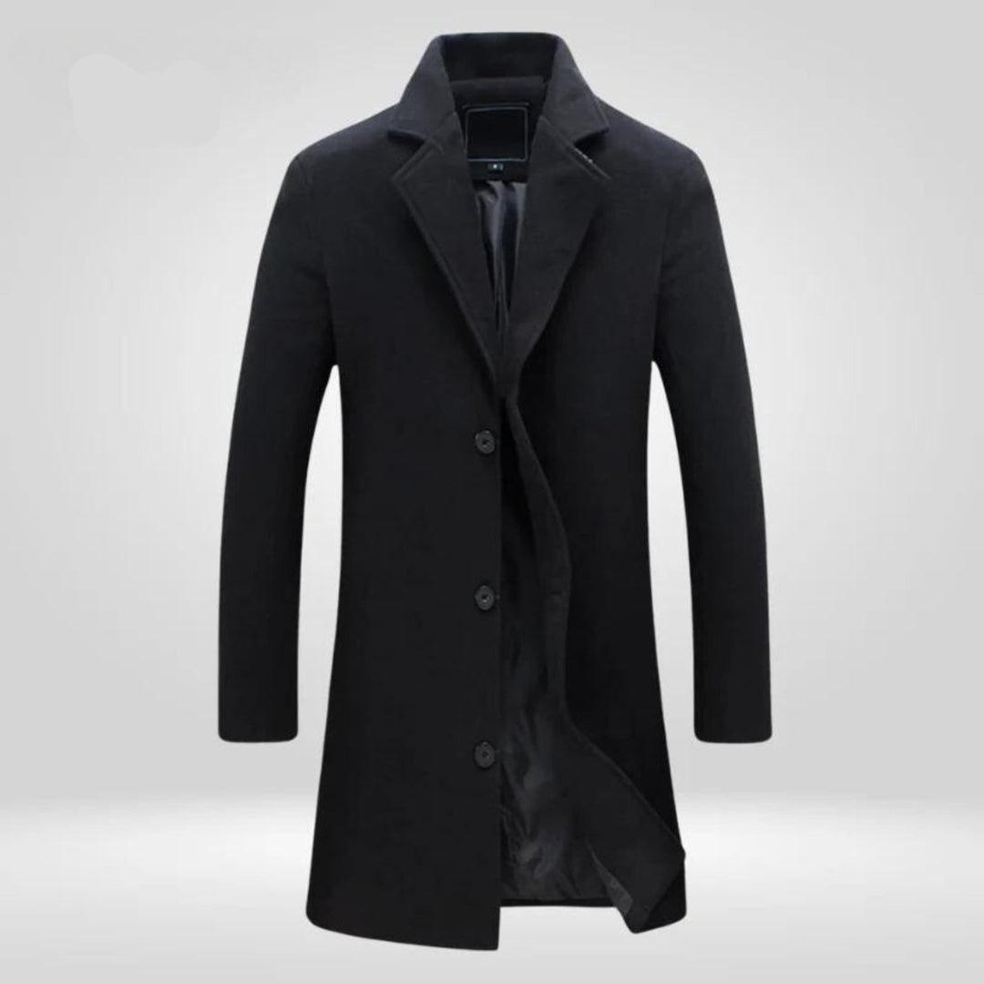 Men's Single-Breasted Slim-Fit Wool Coat Long Overcoat - Black