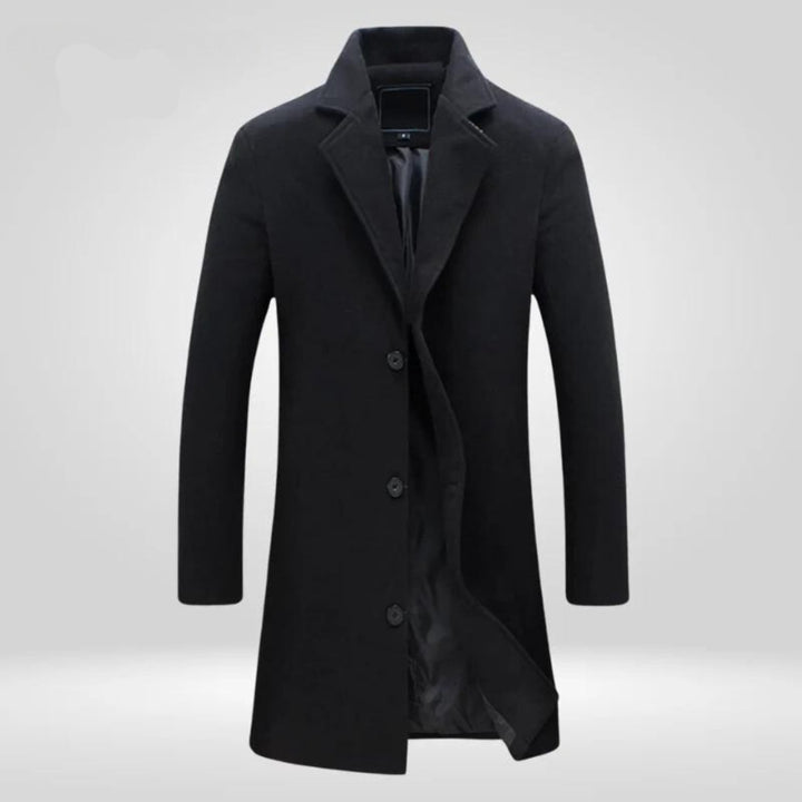 Men's Single-Breasted Slim-Fit Wool Coat Long Overcoat - Black