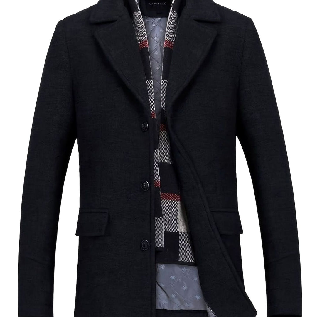 Men's Single-Breasted Wool Overcoat Tailored Lapel Coat - Black
