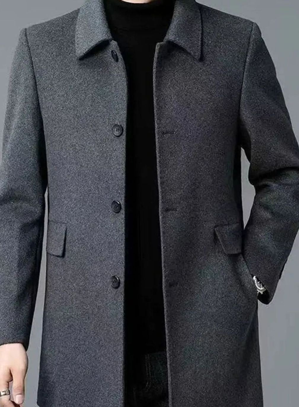 Men's Single-Breasted Wool Overcoat Tailored Turn-Down Collar - Dark Gray