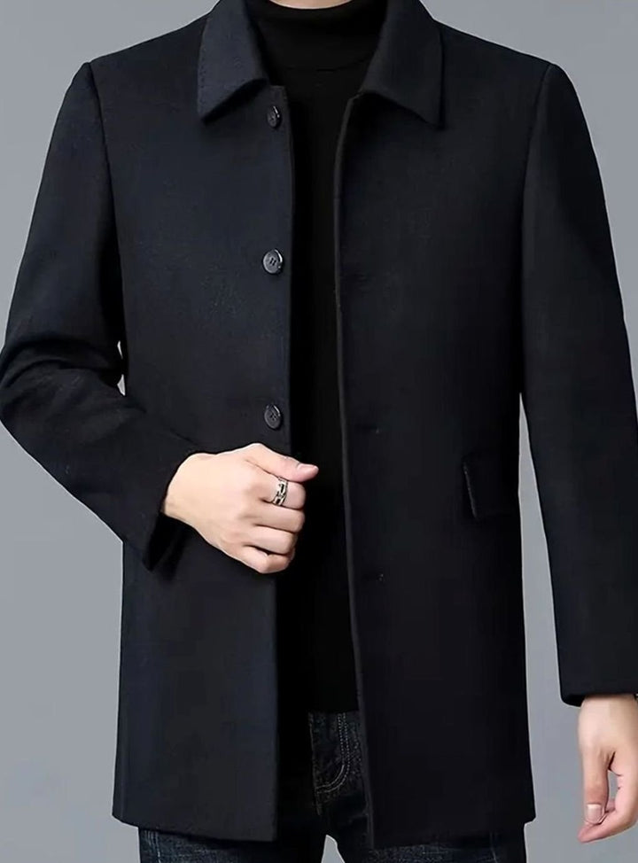 Men's Single-Breasted Wool Overcoat Tailored Turn-Down Collar - Black