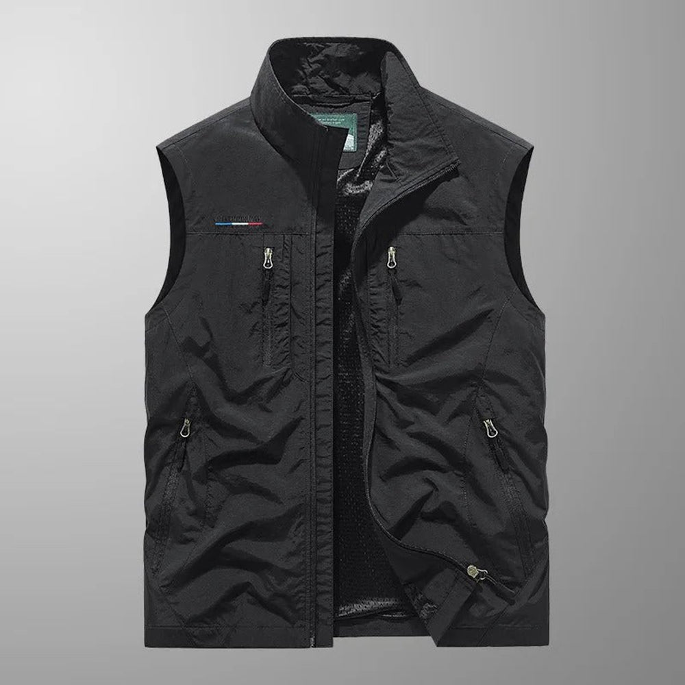 Men's Sleeveless Multi-Pocket Zip-Up Outdoor Cargo Mens Gilet - Black