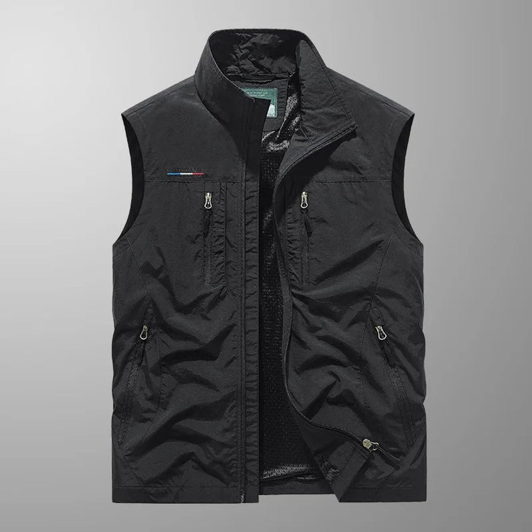 Men's Sleeveless Multi-Pocket Zip-Up Outdoor Cargo Mens Gilet - Black