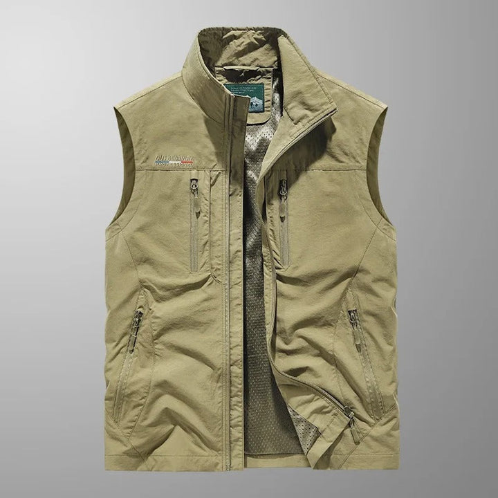 Men's Sleeveless Multi-Pocket Zip-Up Outdoor Cargo Mens Gilet - Khaki