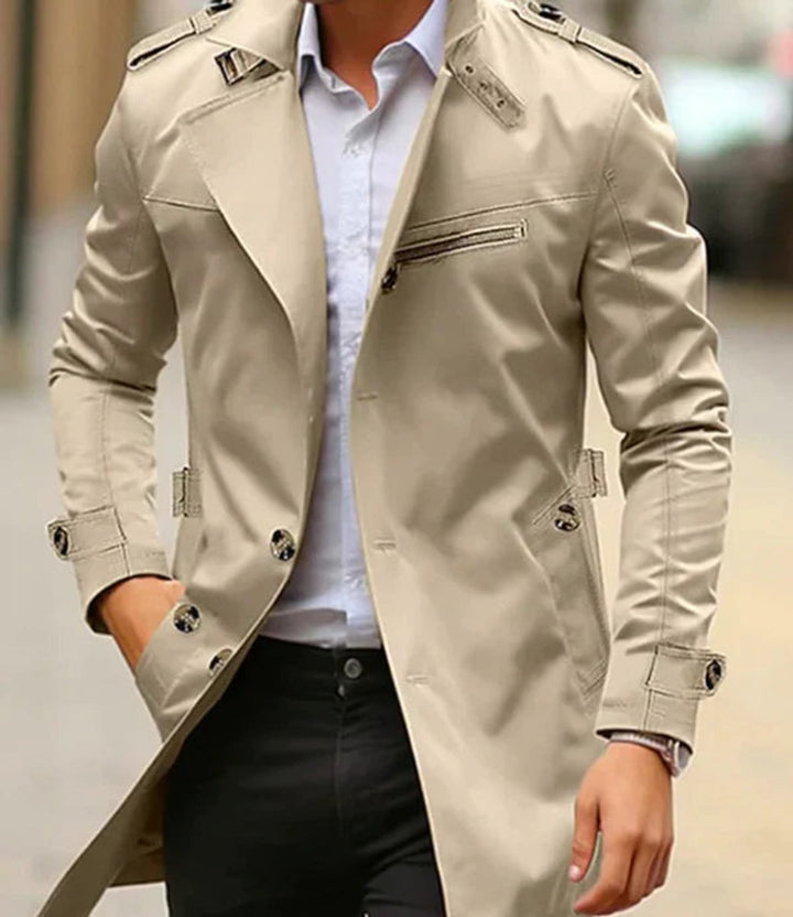 Men's Slim-Fit Belted Trench Mens Wool Coat Epaulette Jacket - Light Beige