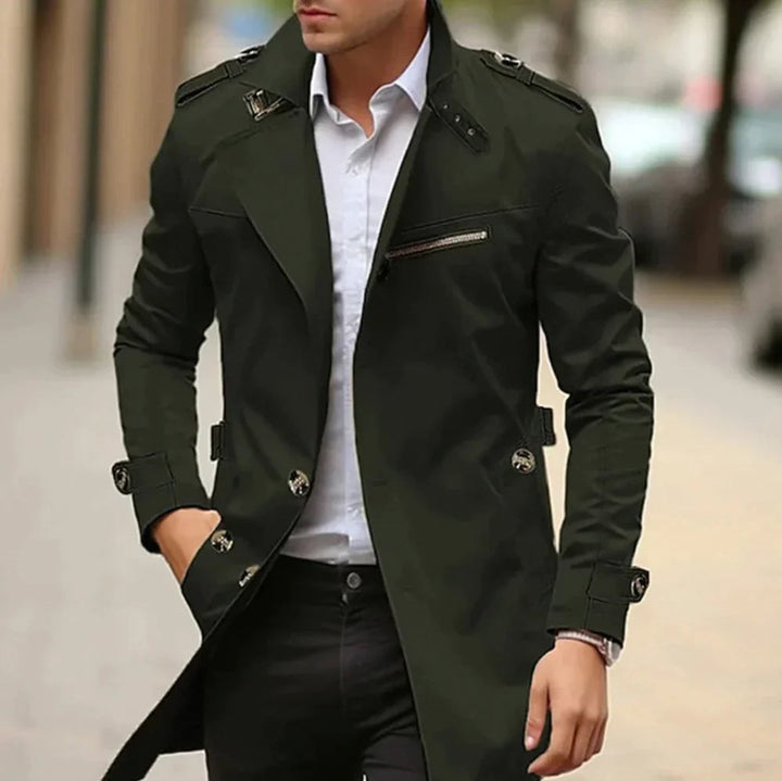 Men's Slim-Fit Belted Trench Mens Wool Coat Epaulette Jacket - Green