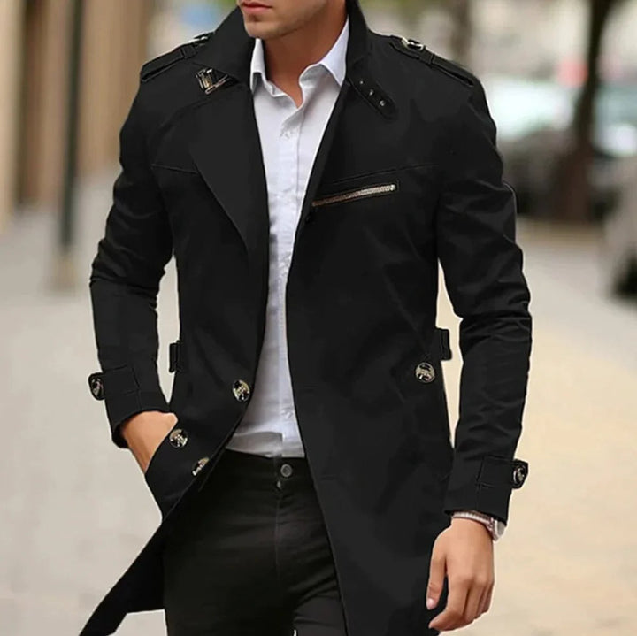 Men's Slim-Fit Belted Trench Mens Wool Coat Epaulette Jacket - Black