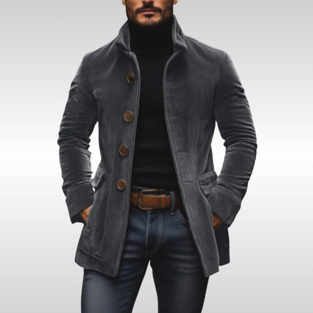 Men's Slim-Fit Corduroy Stand-Collar Wool Coat Button-Front - Gray