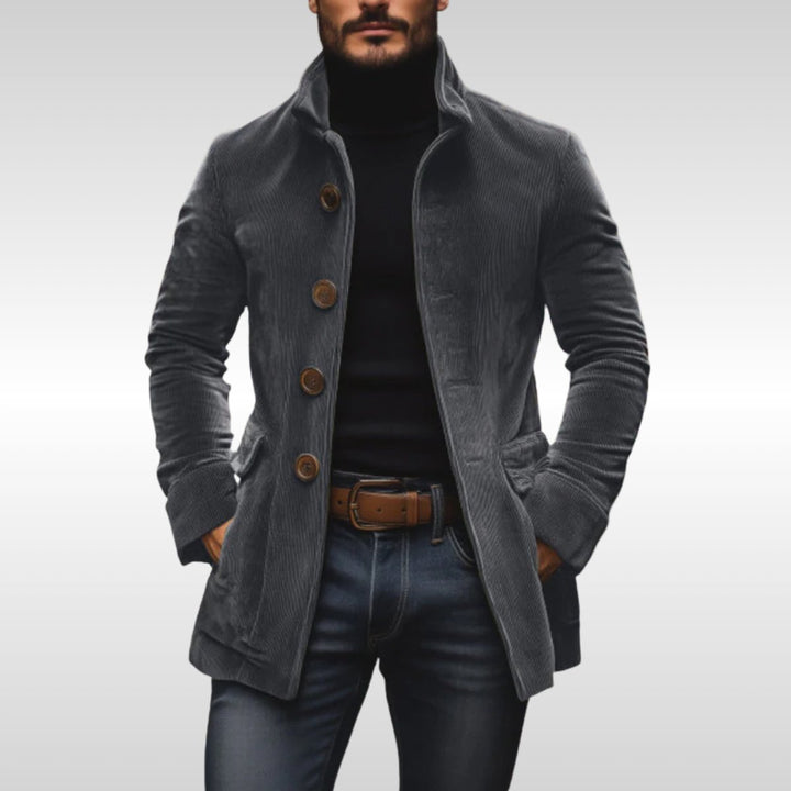 Men's Slim-Fit Corduroy Stand-Collar Wool Coat Button-Front - Gray