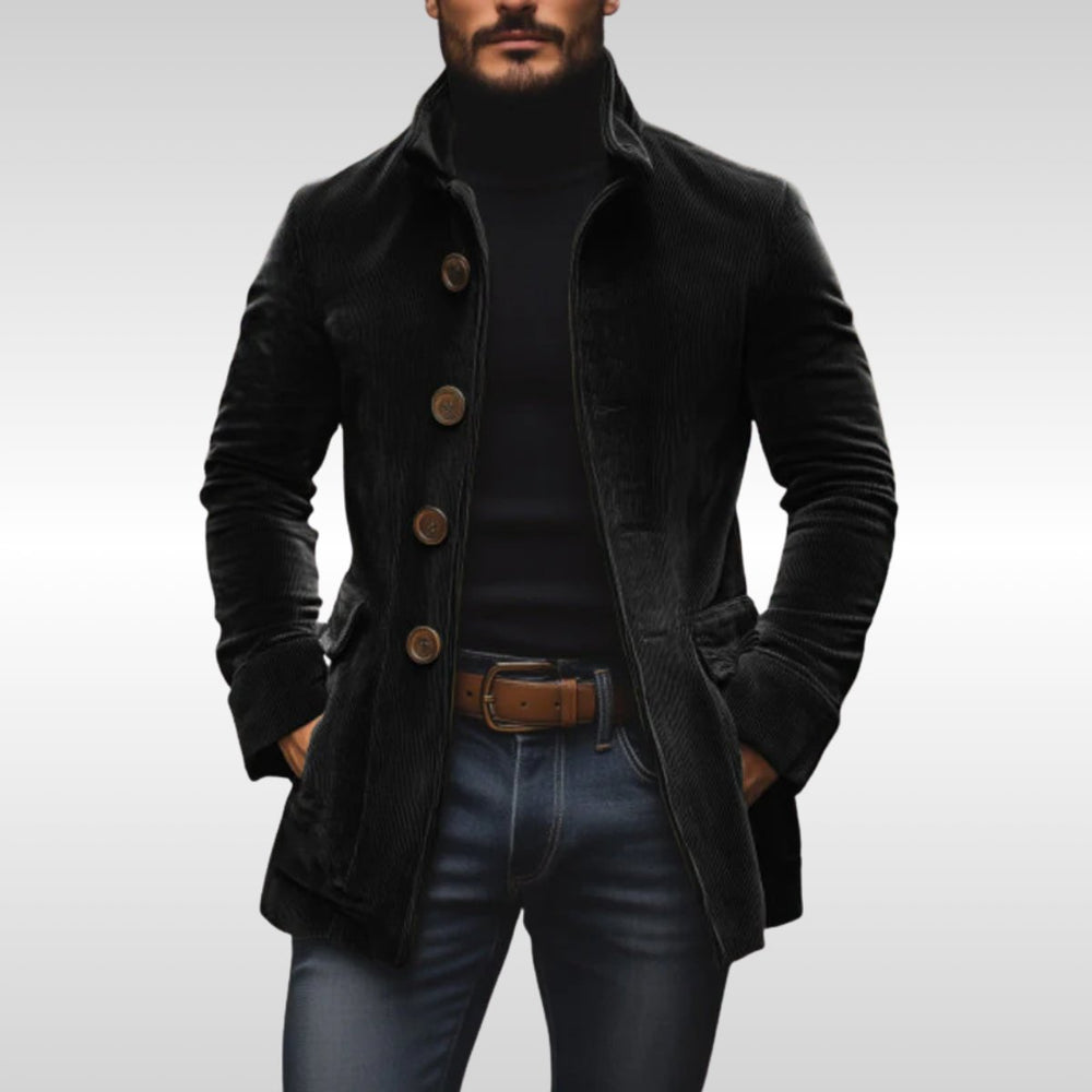 Men's Slim-Fit Corduroy Stand-Collar Wool Coat Button-Front - Black