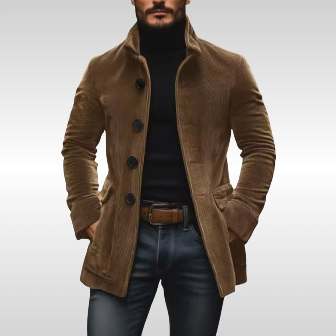 Men's Slim-Fit Corduroy Stand-Collar Wool Coat Button-Front - Light Brown