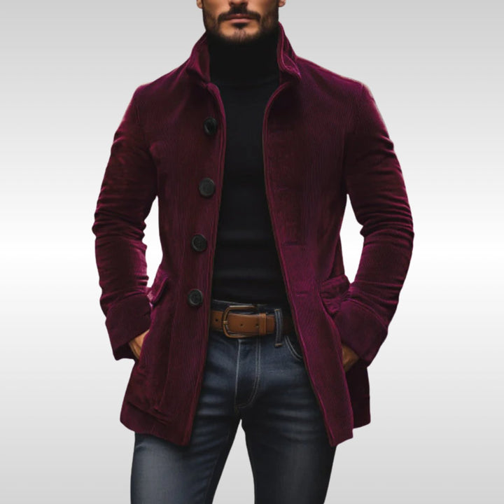 Men's Slim-Fit Corduroy Stand-Collar Wool Coat Button-Front - Burgundy