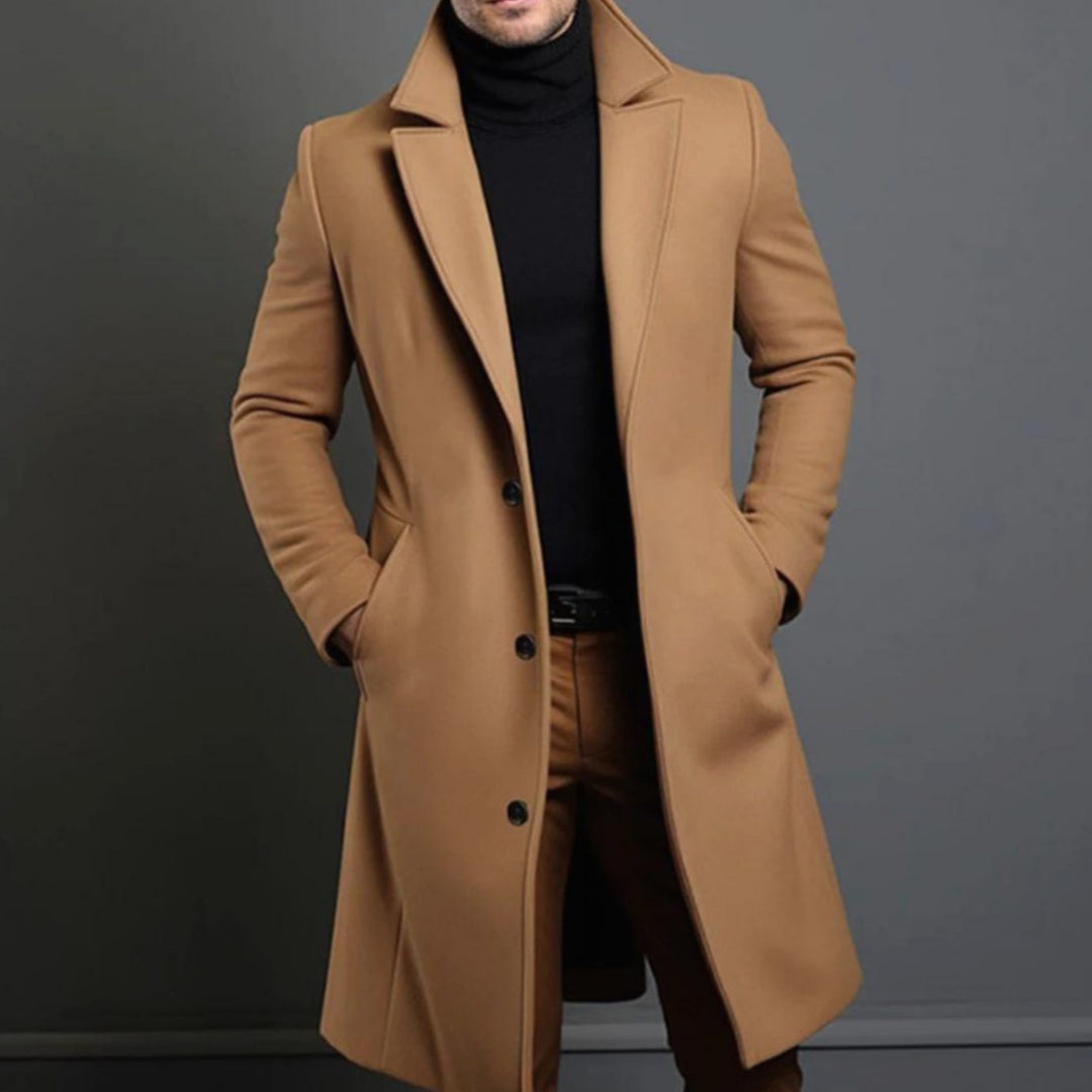 Men's Slim Fit Long Wool Coat Tailored Overcoat - Brown