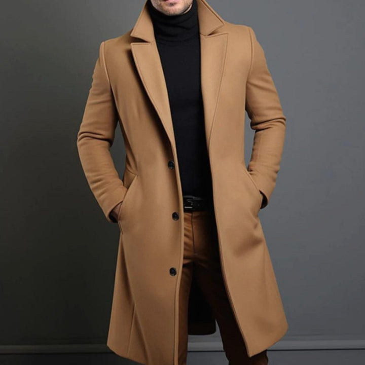 Men's Slim Fit Long Wool Coat Tailored Overcoat - Brown