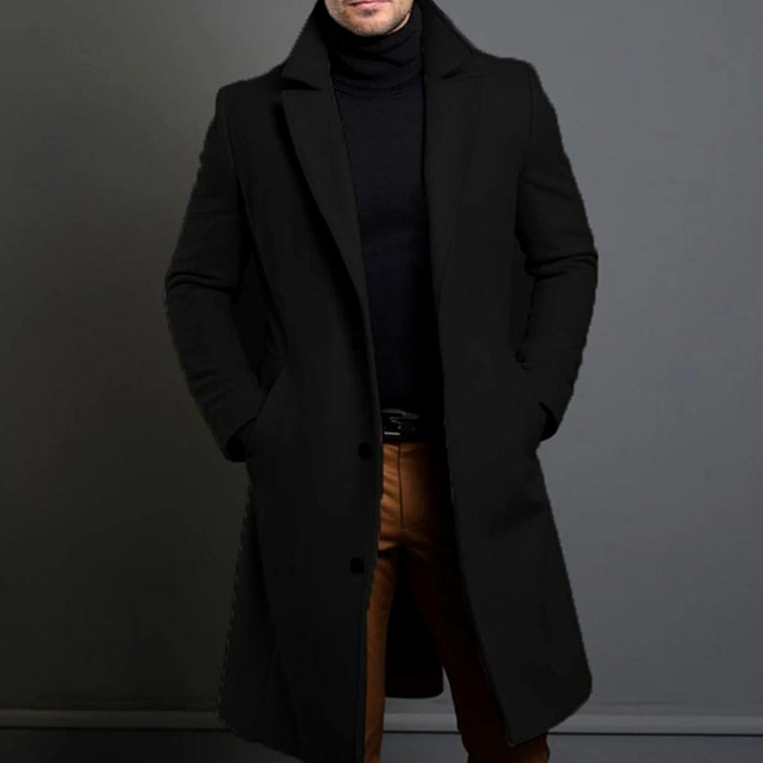 Men's Slim Fit Long Wool Coat Tailored Overcoat - Black