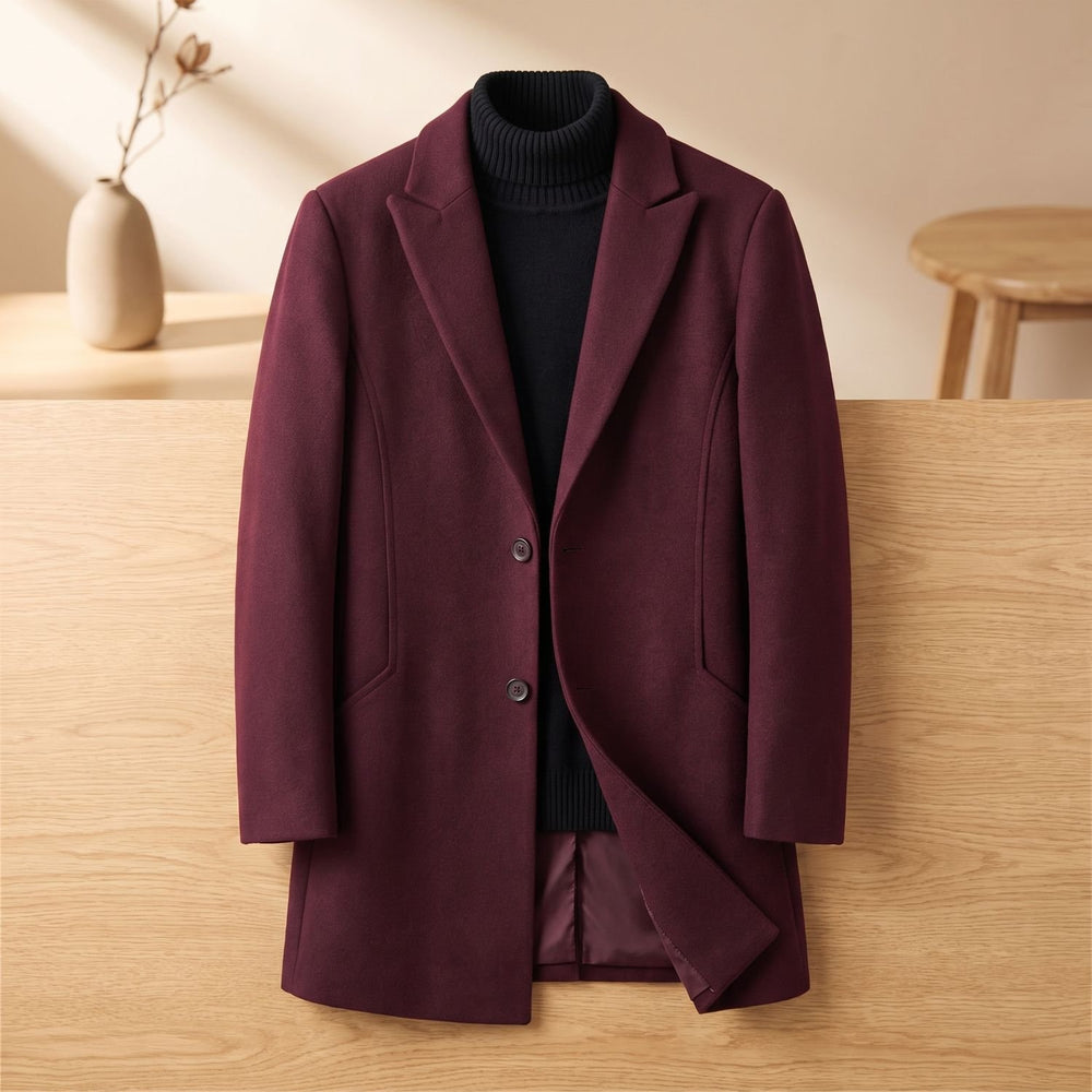 Men's Slim-Fit Notch-Lapel Wool-Blend Overcoat - Red