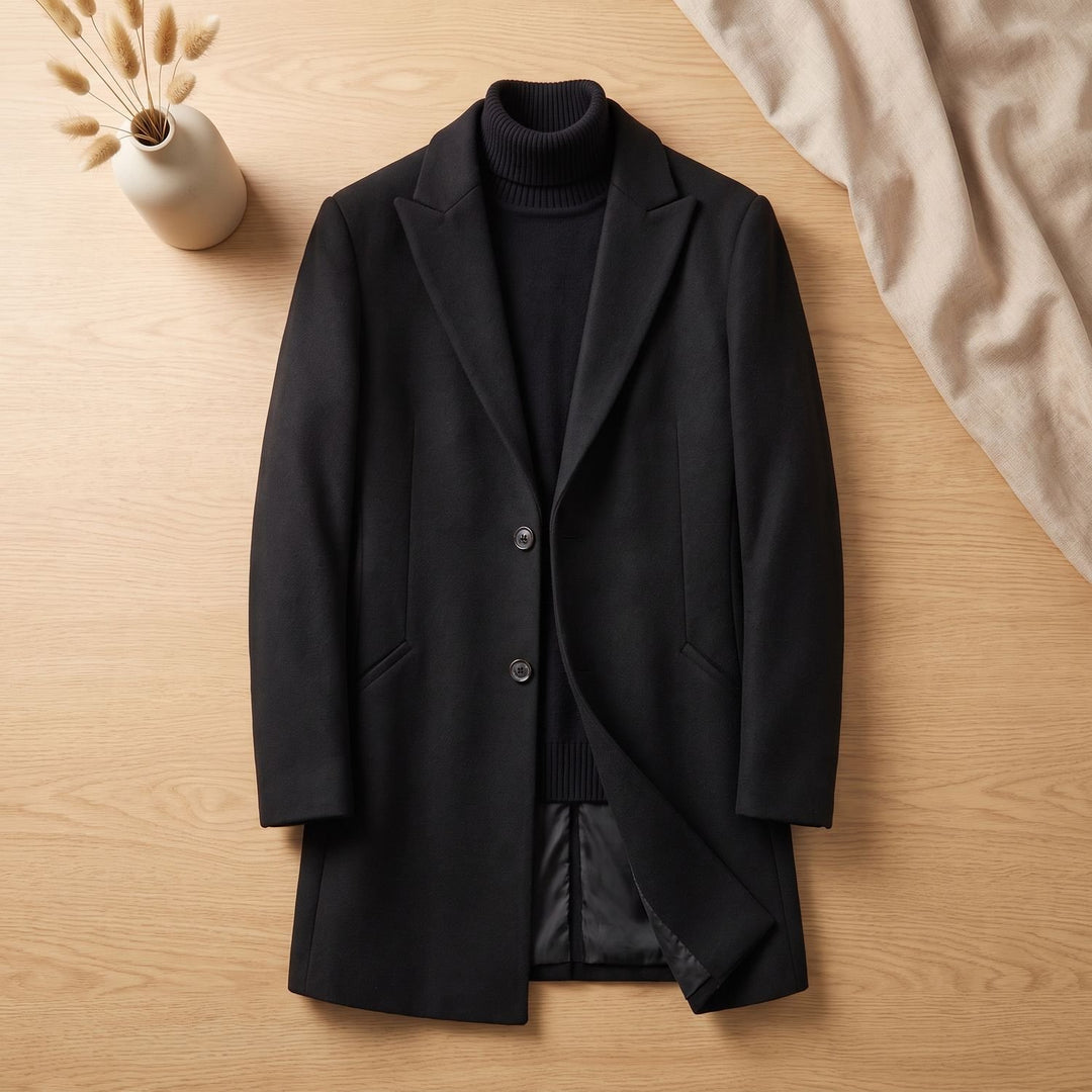 Men's Slim-Fit Notch-Lapel Wool-Blend Overcoat - Black
