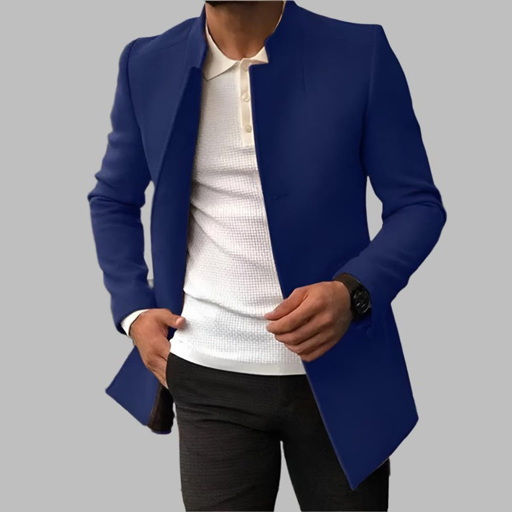 Men's Slim-Fit Open-Front Wool Coat Long Overcoat - Blue