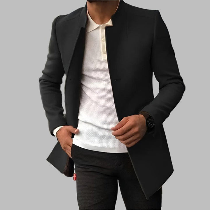 Men's Slim-Fit Open-Front Wool Coat Long Overcoat - Black