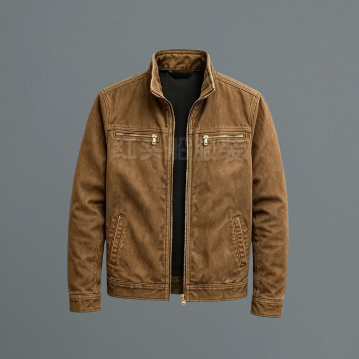 Men's Slim-Fit Stand-Collar Full-Zip Bomber Jacket - Brown