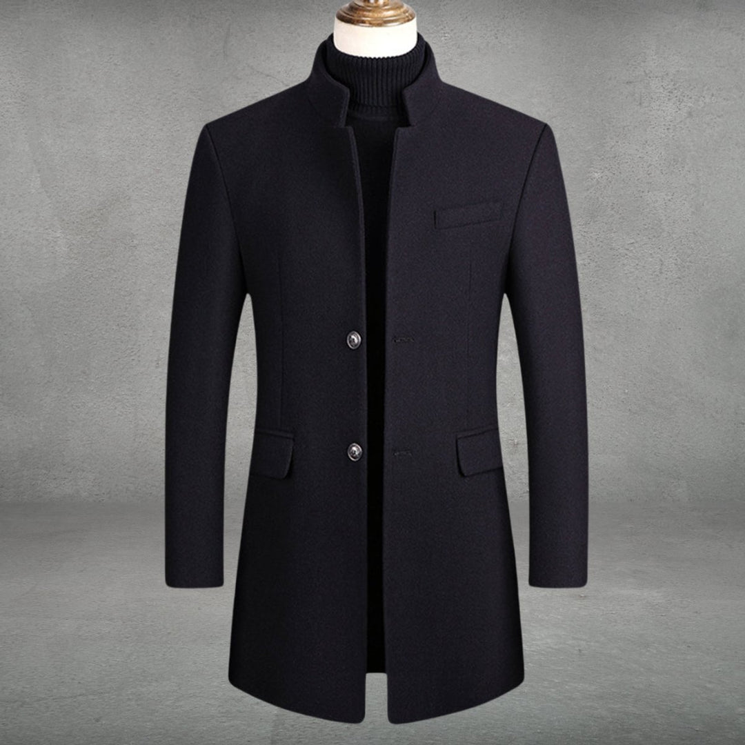Men's Slim-Fit Stand-Collar Wool Coat Business Overcoat - Black