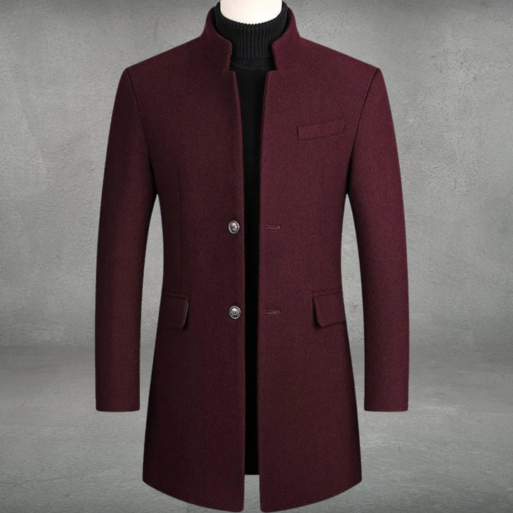 Men's Slim-Fit Stand-Collar Wool Coat Business Overcoat - Wine Red