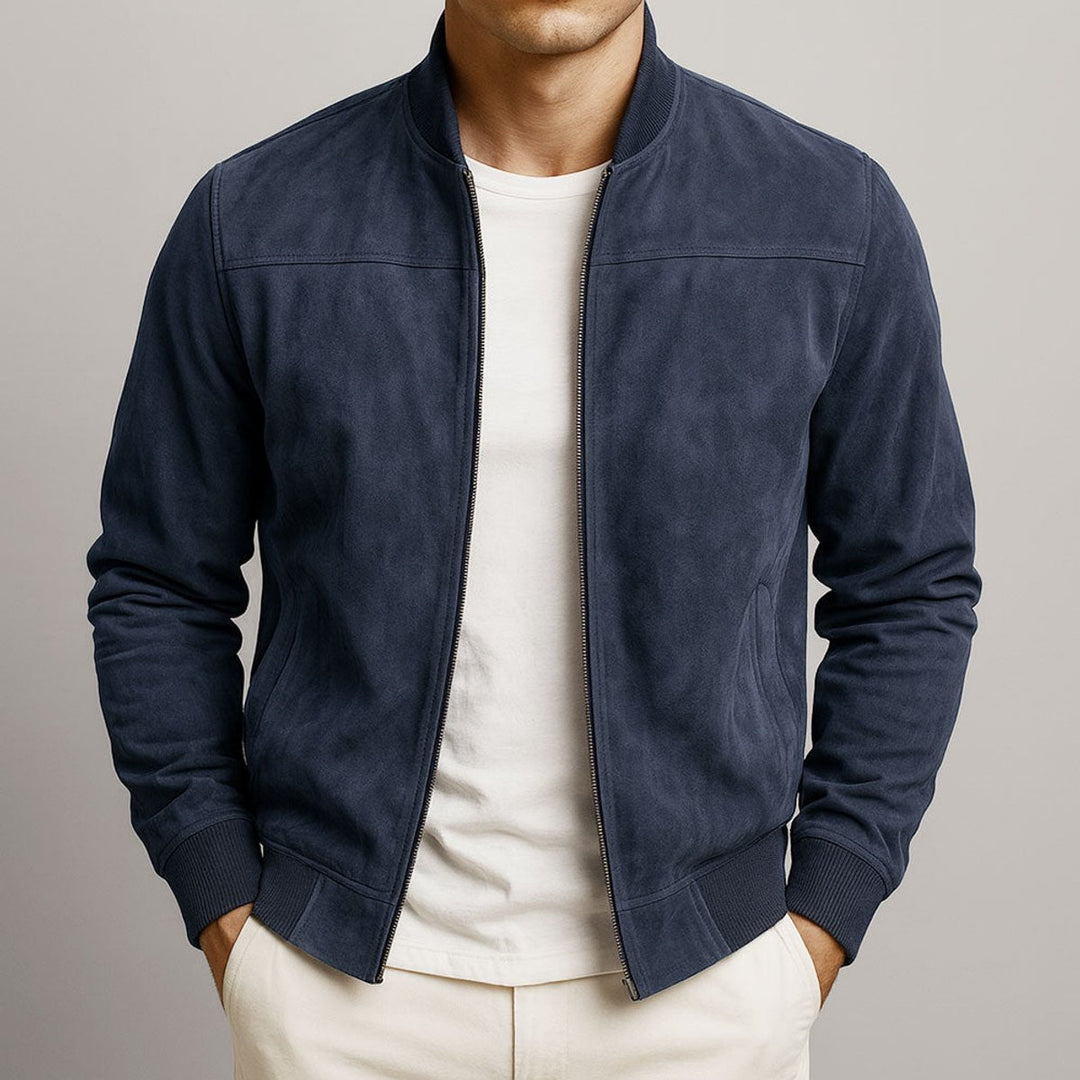 Men's Slim-Fit Suede Bomber Mens Quilted Jacket - Navy Blue