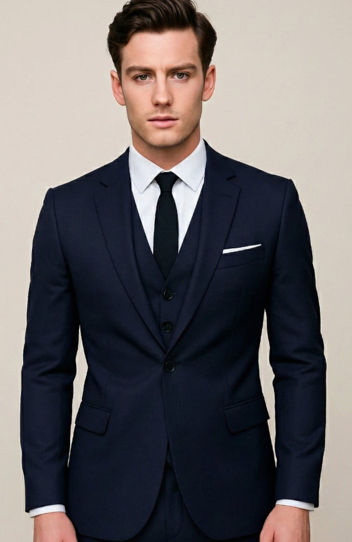 Men's Slim-Fit Three-Piece Single-Breasted Formal Suit - Navy Blue