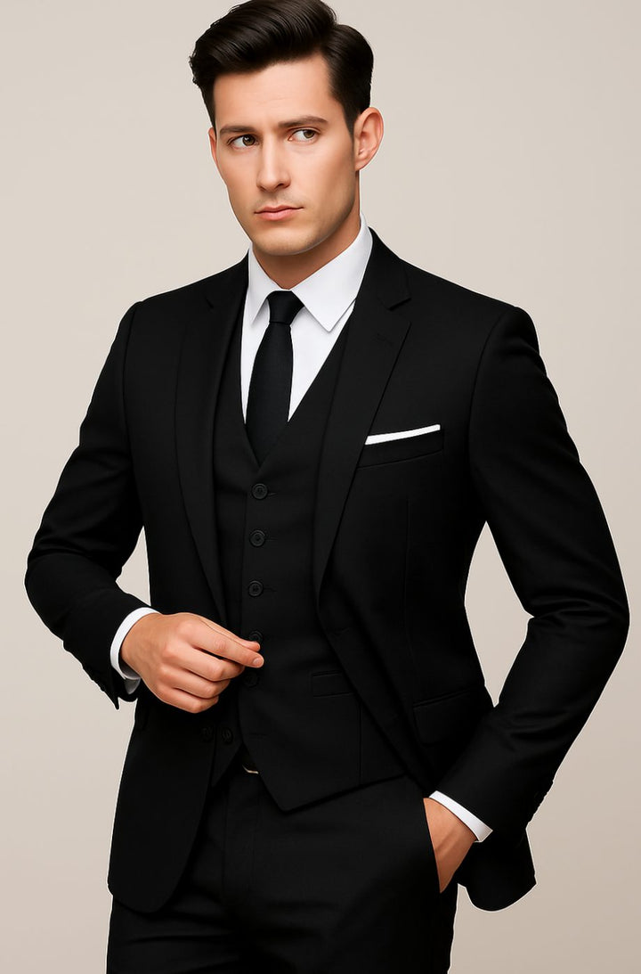 Men's Slim-Fit Three-Piece Single-Breasted Formal Suit - Black